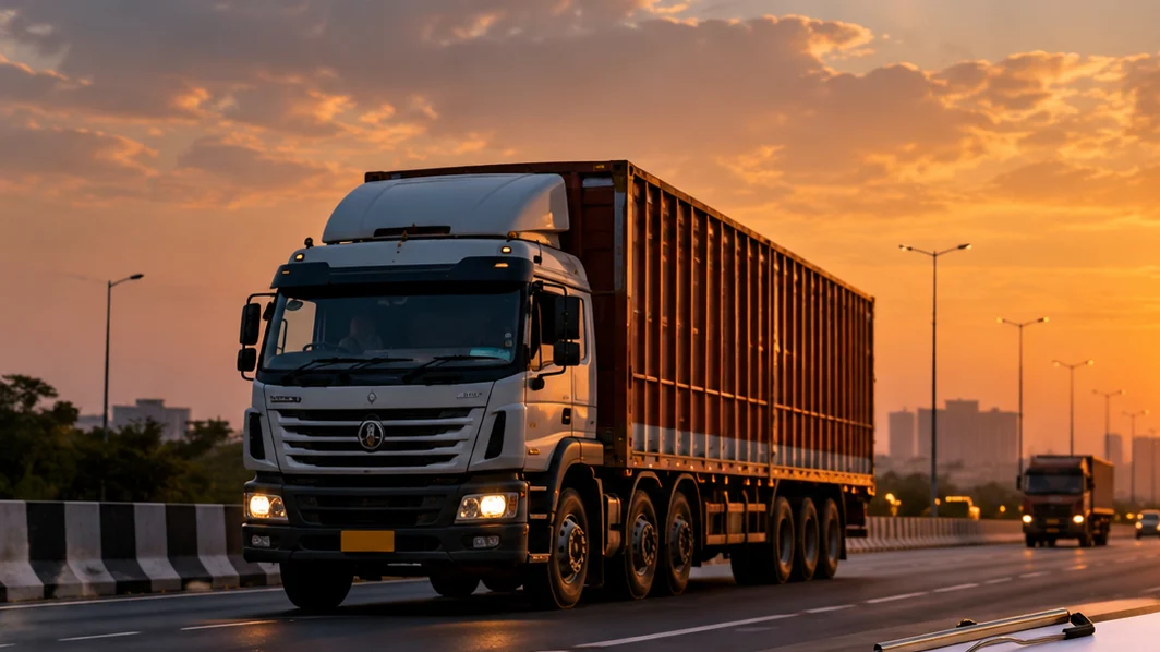 Container truck on a highway at sunset, illustrating GST on freight and goods transport