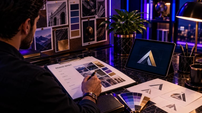 Designer reviewing a brand brief, moodboard and logo concepts on a tablet and printed sketches