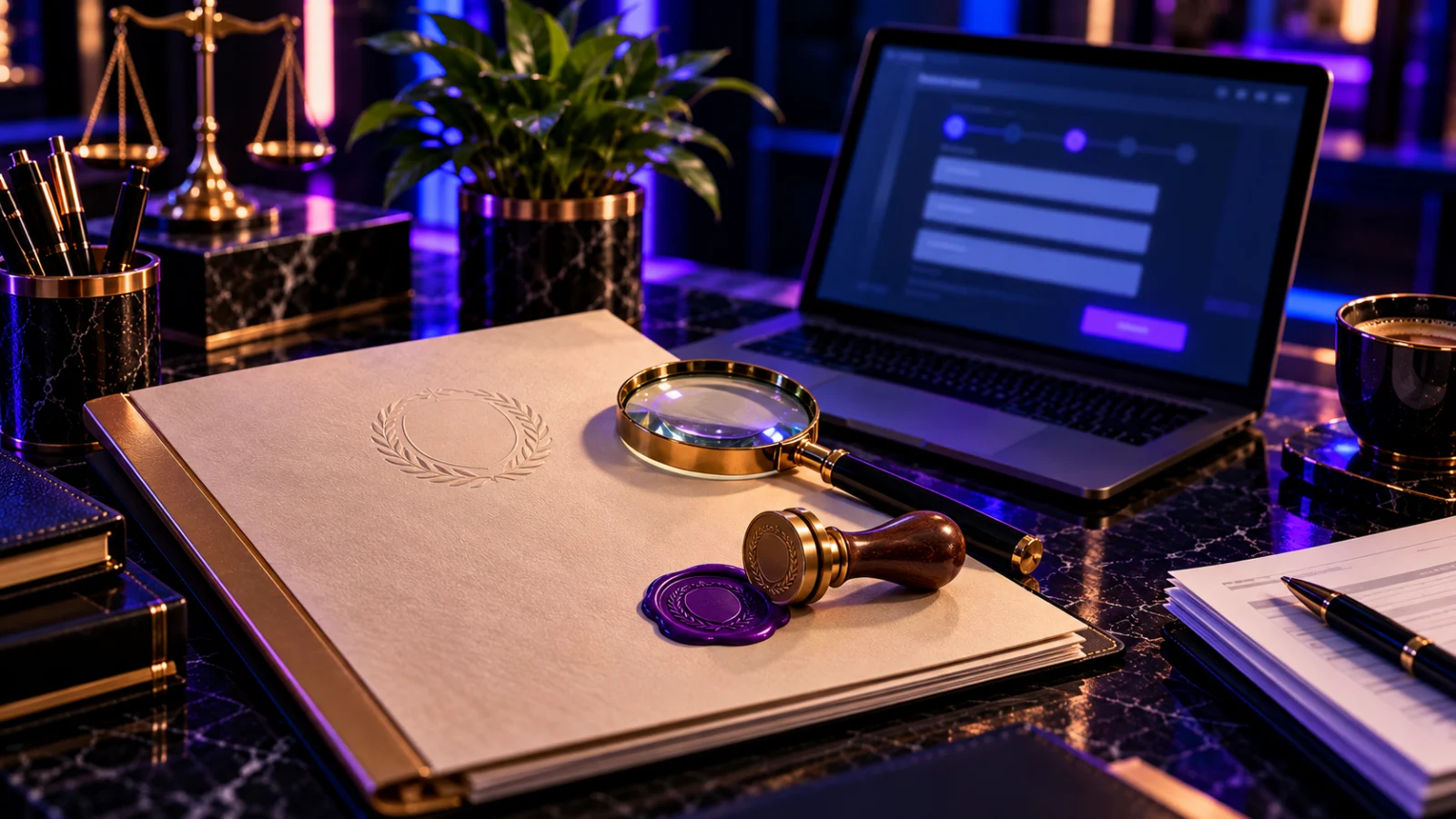 Trademark application folder with an embossed emblem, wax seal stamp and magnifying glass beside a laptop showing an online form