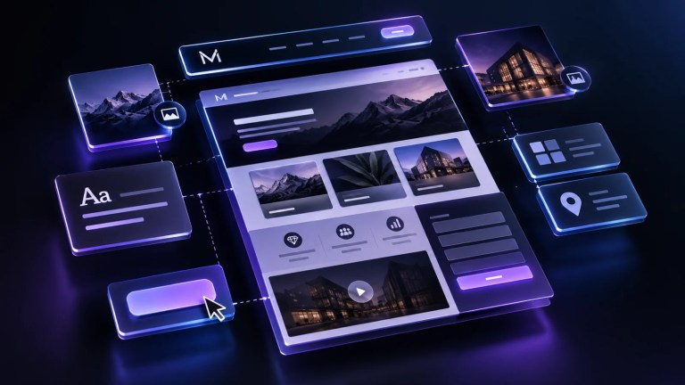Website components assembling into a responsive page layout, illustrating what drives website design cost