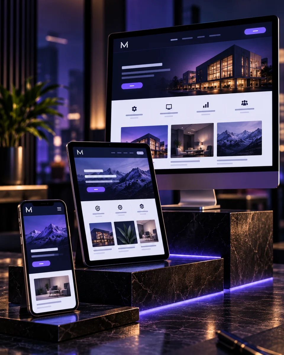 Website shown responsively on a phone, tablet and desktop monitor