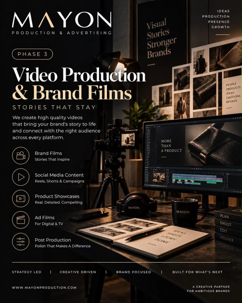 Video production services poster for brand films and social media content creation.