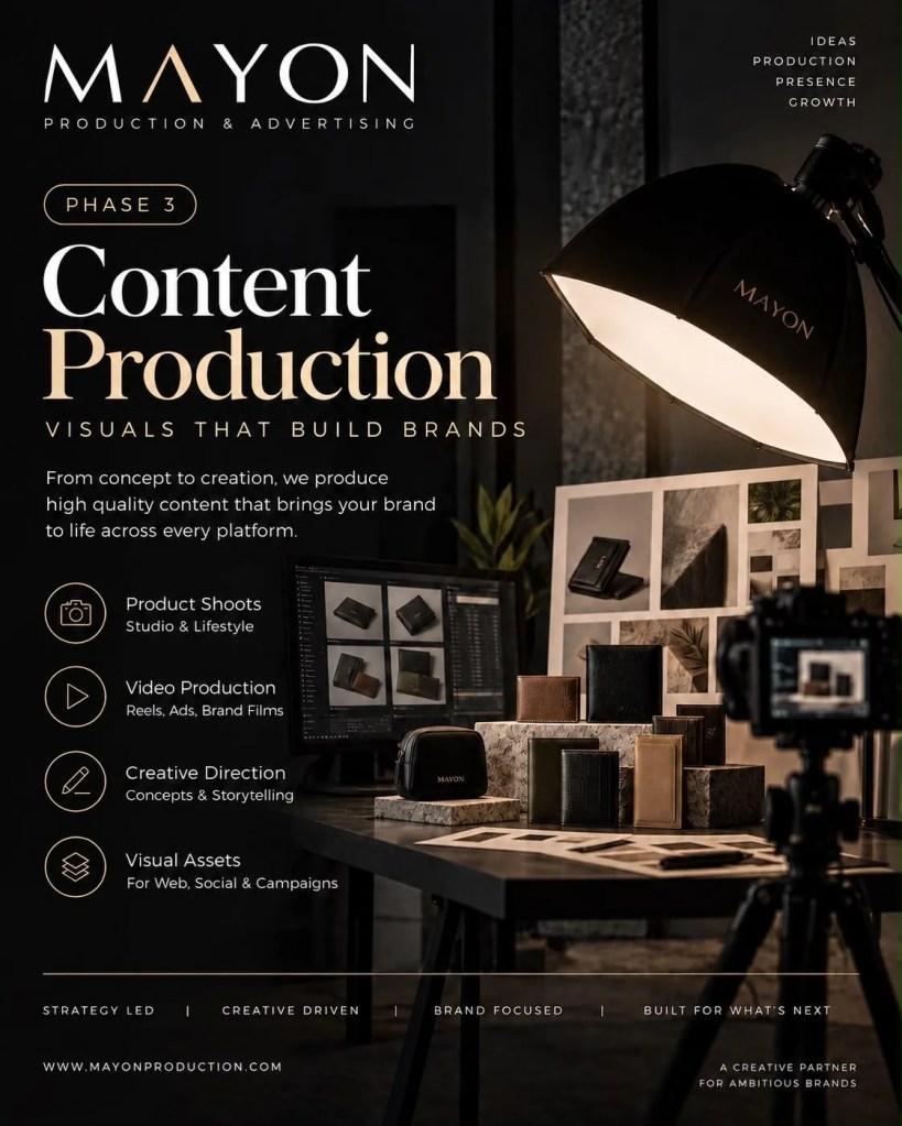 Content production poster highlighting video and photo assets for brand identity design.