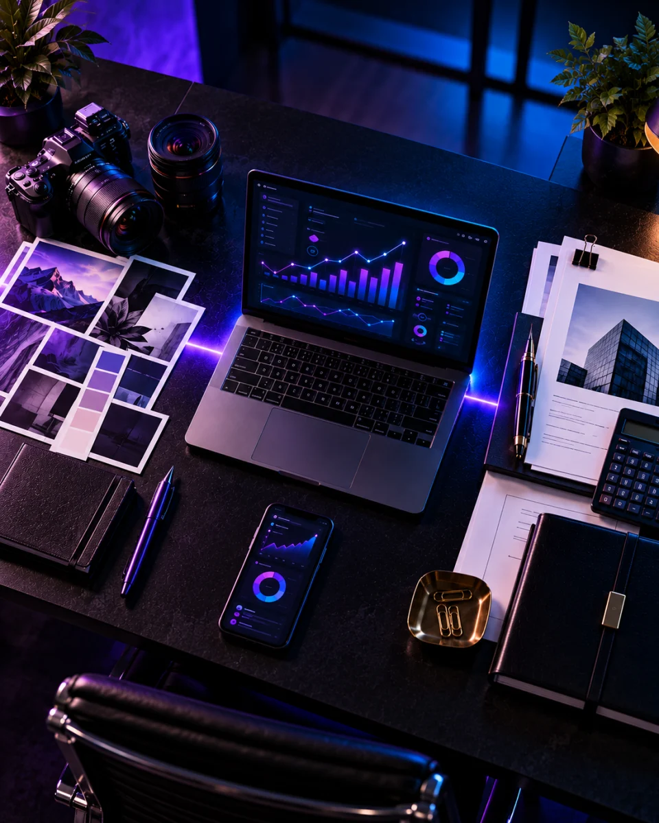 Agency desk with a laptop and phone showing marketing analytics dashboards beside a camera, moodboard prints and notebooks