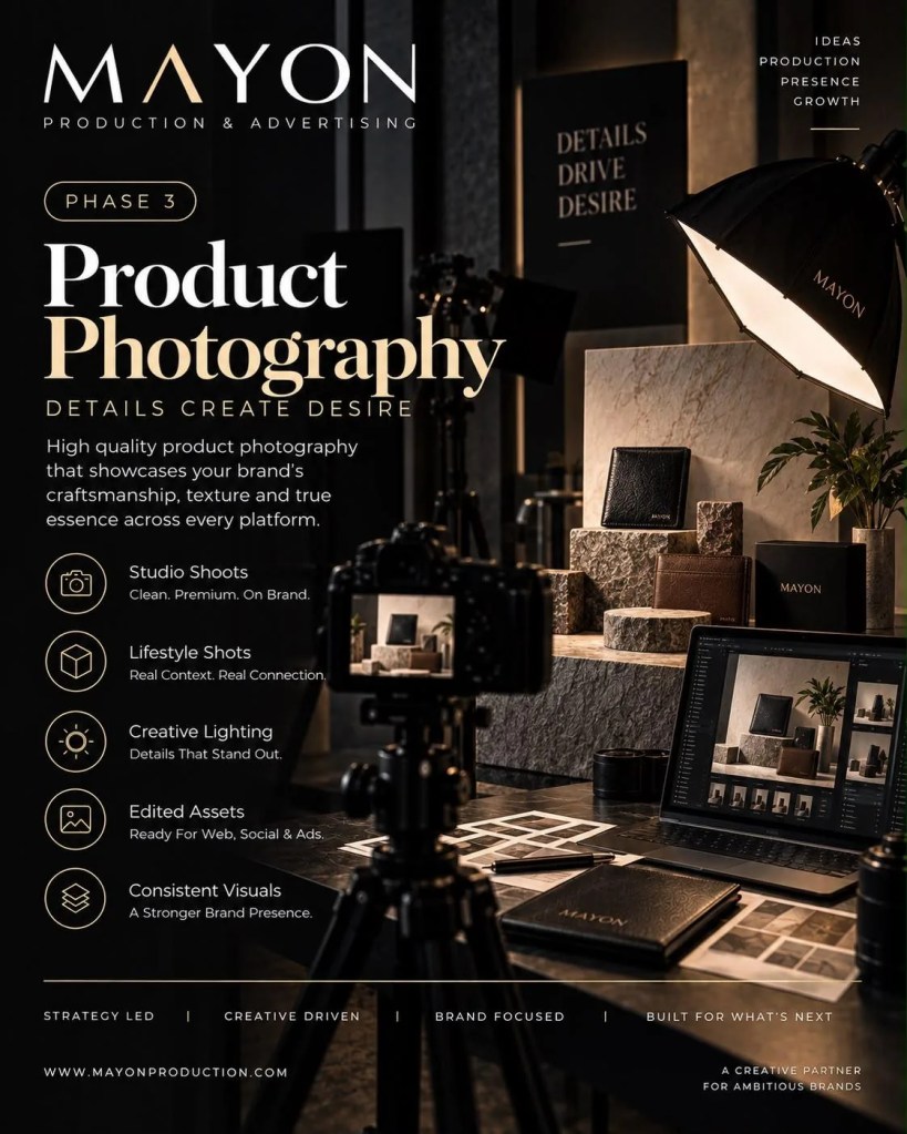 Product photography studio setup showcasing premium brand identity design services.
