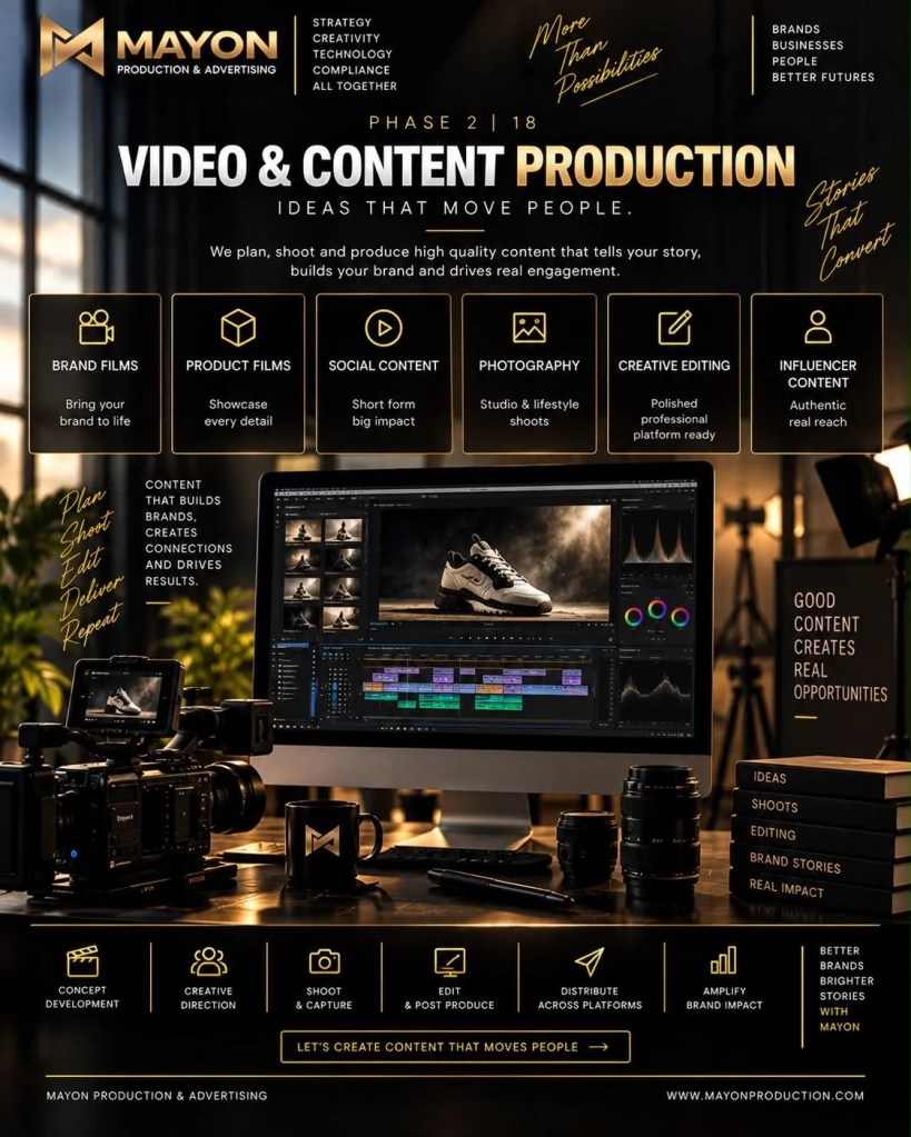 Video production services poster for brand films, reels and social media content.